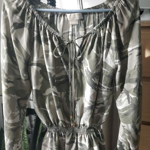 Michael Kors Camo Peasant Top (100% silk)